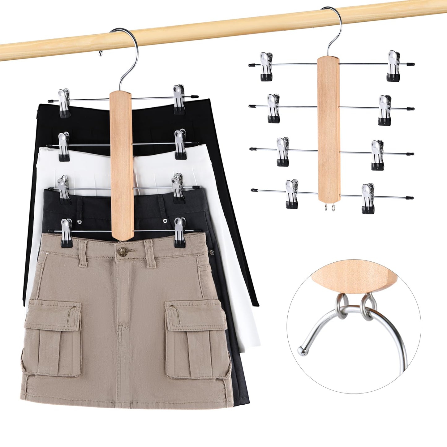 VANZAVANZU Trouser Hangers with Clips Space Saving Pant Hangers, 2 Pack 4 Tier Wooden Pole Skirt Hangers Clip Hangers