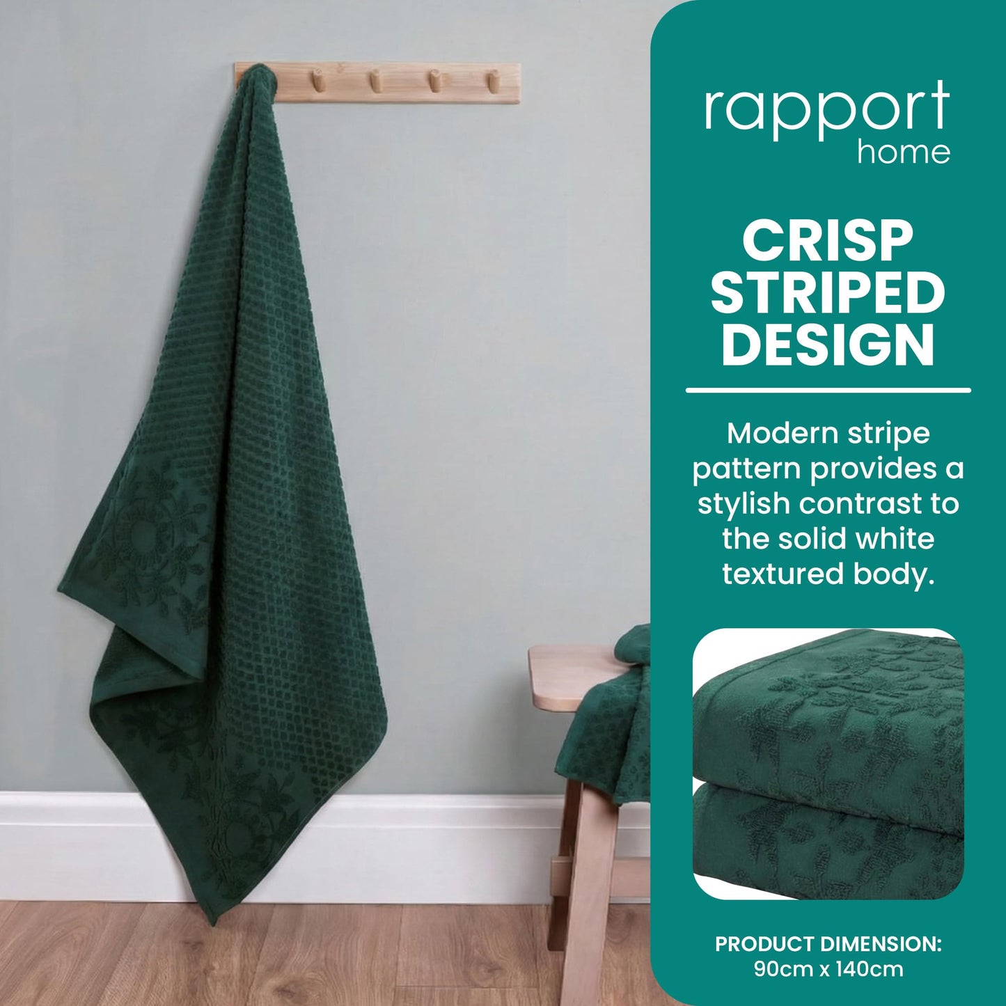 Rapport Home Versailles Jacquard Bath Sheets 2 Pack | Jade Green 90x140cm | Luxurious 500GSM 100% Cotton