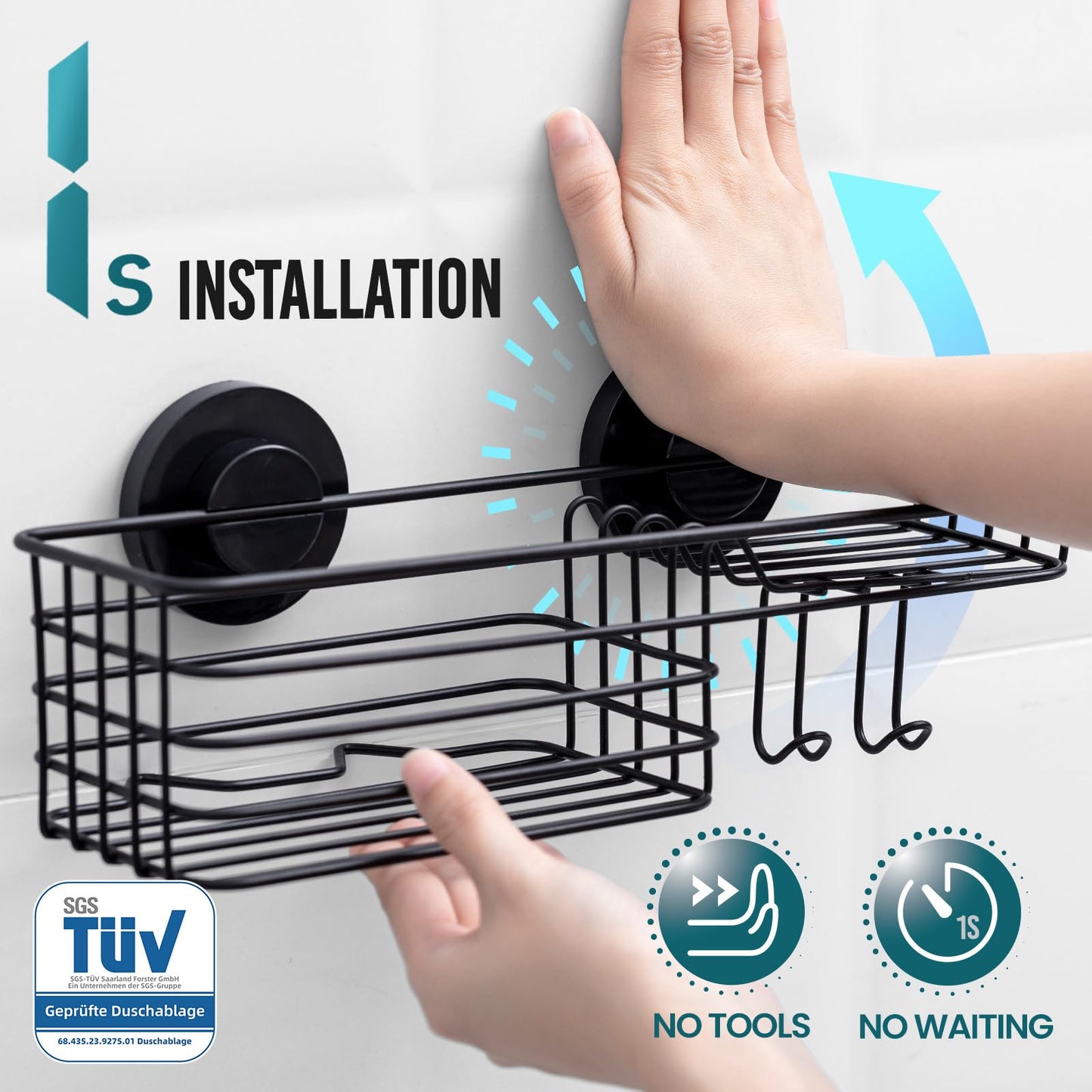 TAILI Suction Shower Caddy Stainless Steel Rustproof Suction Cup, Black