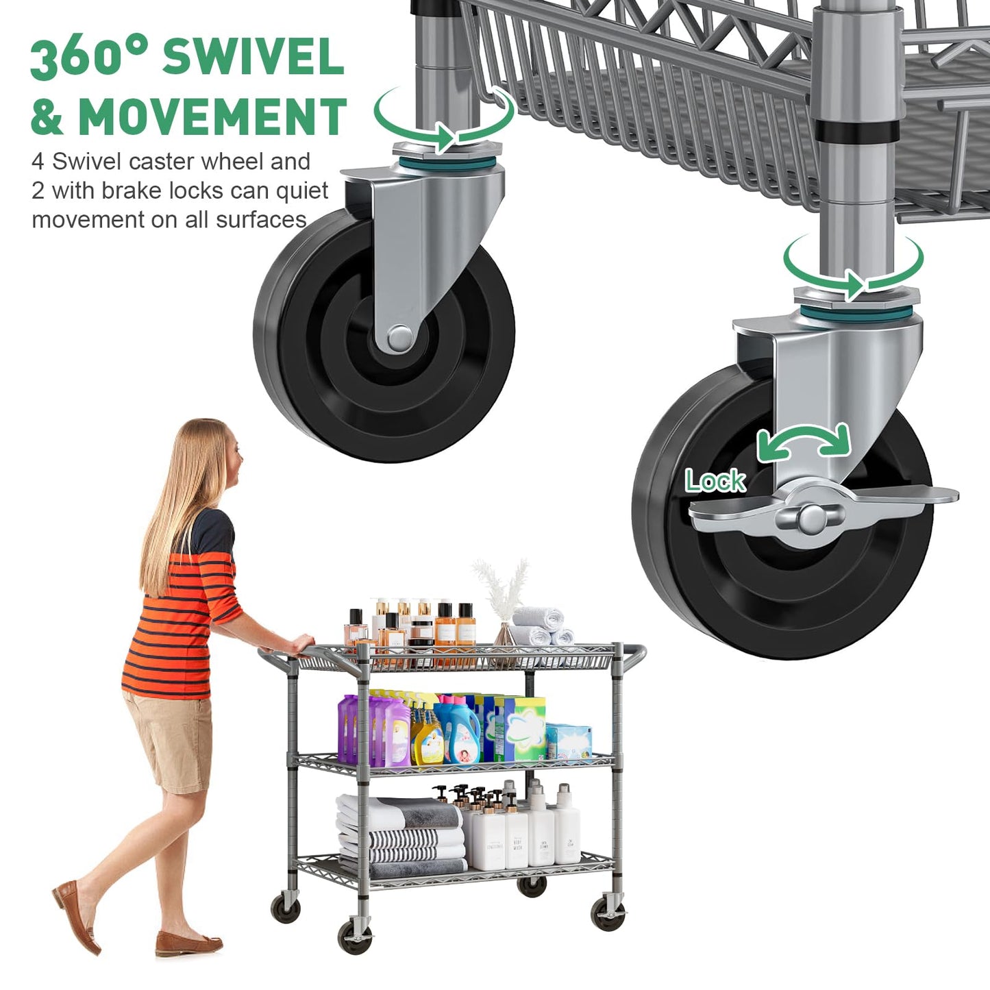 Forthcan 3-Tier Heavy Duty Shelving Unit, Storage Trolley on wheels, Silver
