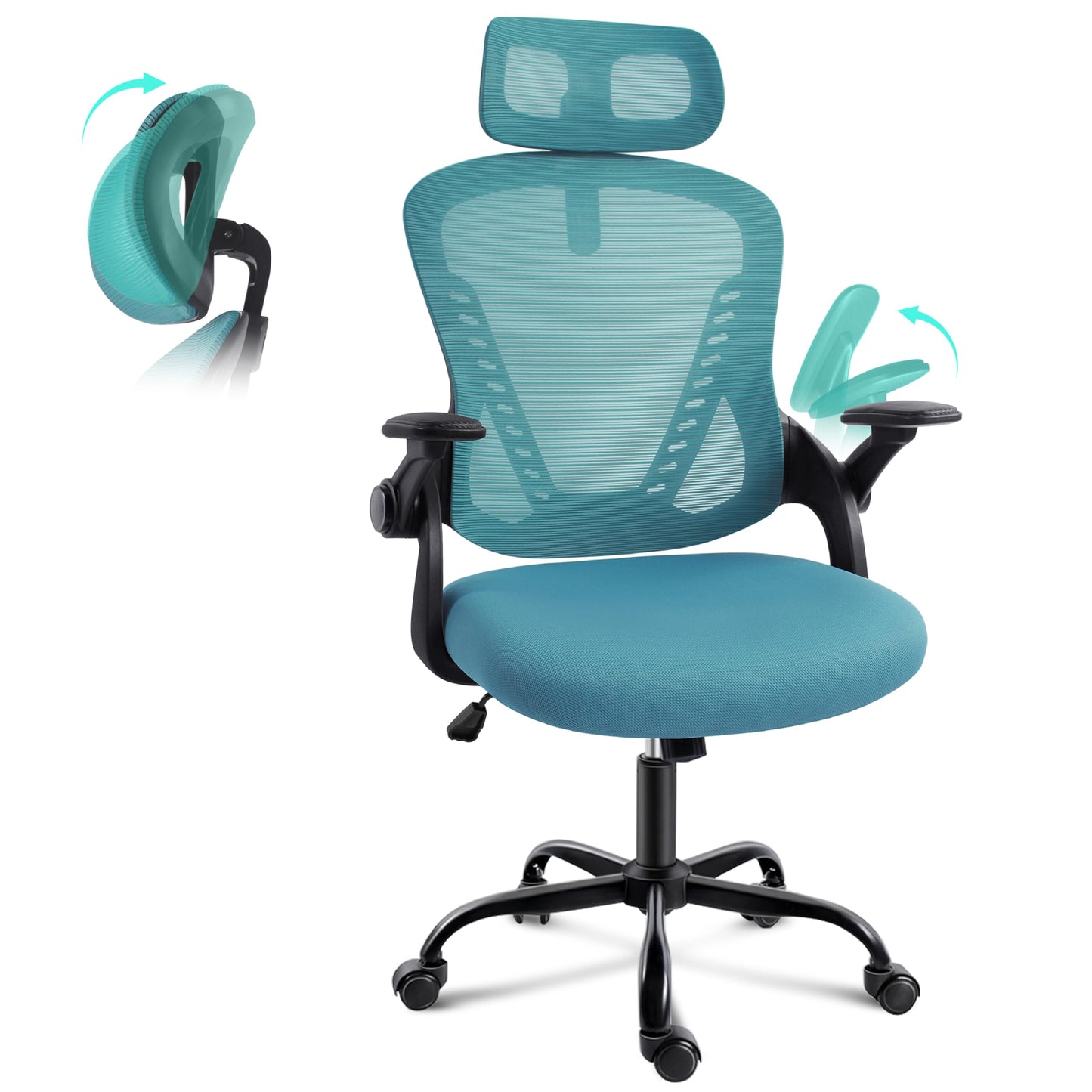 GGCIR Office Chair with Headrest,Mesh Desk Chair with Flip-up Armrests,90-120° Rocking Function,Ergonomic Computer Chairs 150KG(Blue)