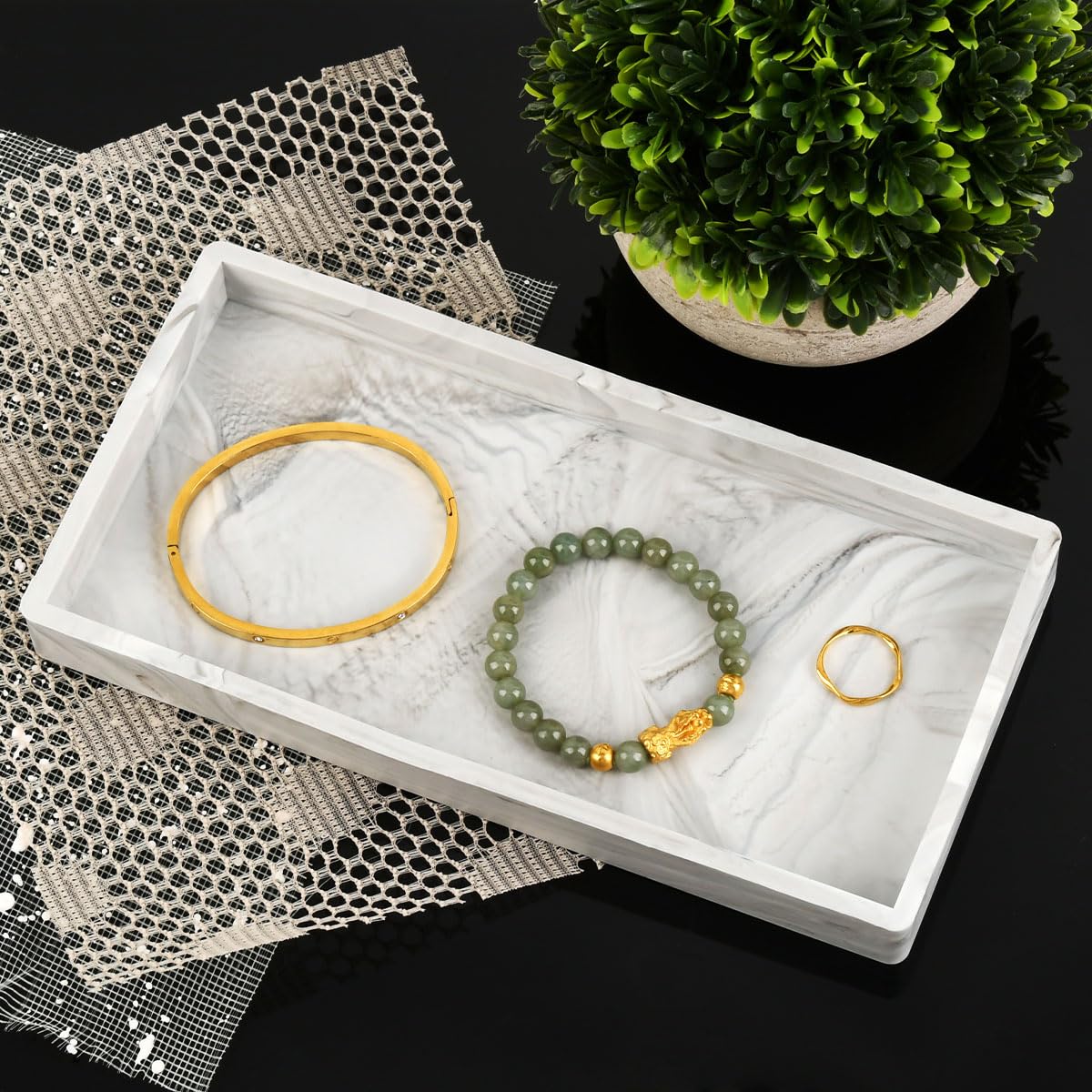 CENBEN White Marble Silicone Bathroom Vanity Tray, Rectangle Trinket Candle Tray Silicone Cosmetic Trays Dish Jewelry Trays for Soap Shampoo Perfume