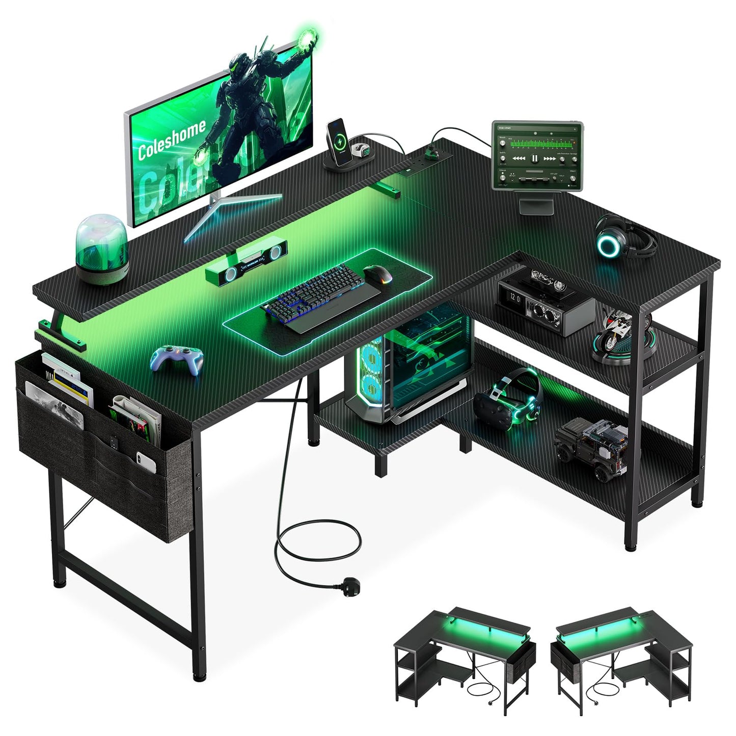 Coleshome L Shaped Gaming Desk with LED Lights & Power Outlet, 100x70 cm