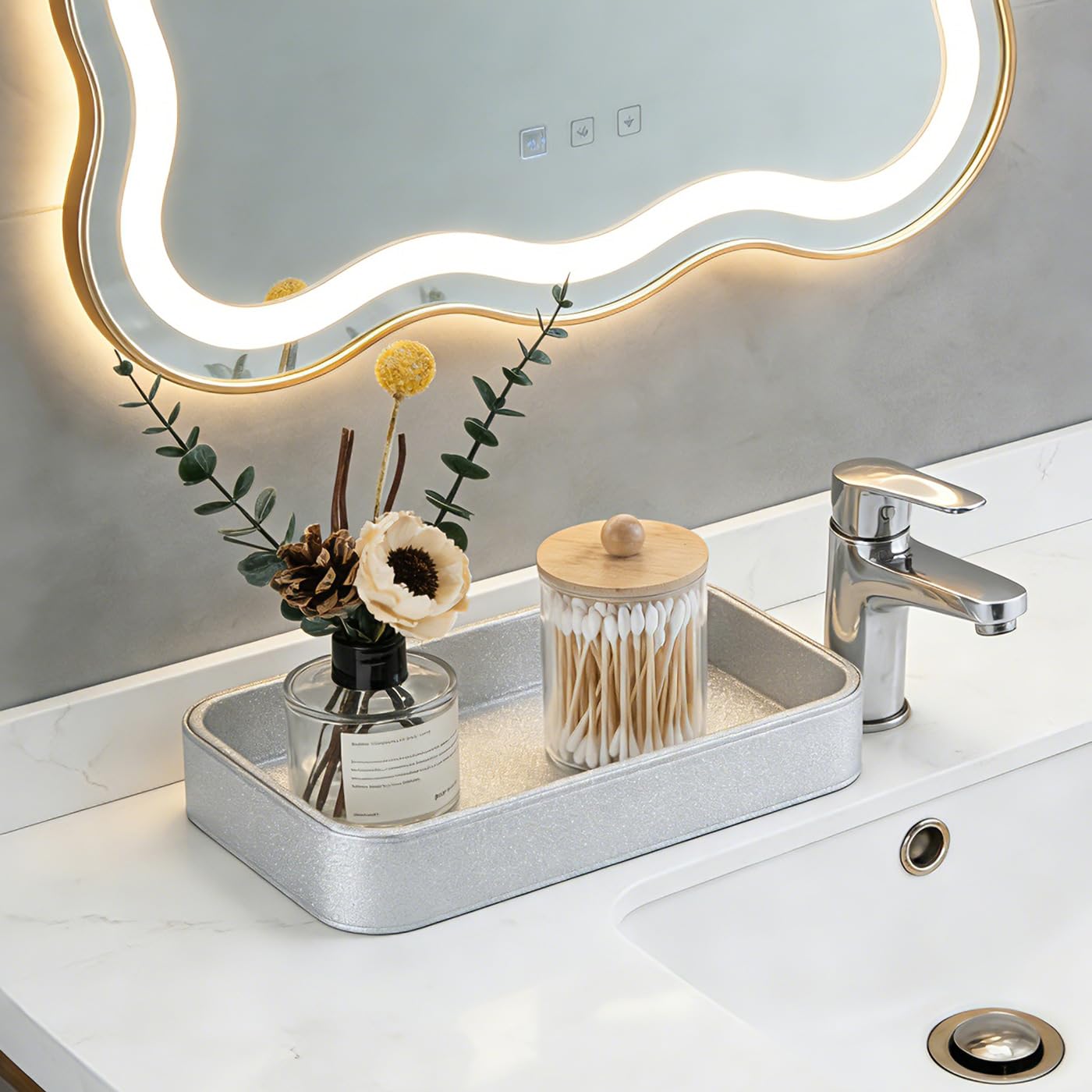 GORESE Bathroom Tray,Rectangle Decorative Tray Leather Perfume Tray Valet Trays Jewellery Tray Vanity Trays Trinket Trays Key Dish Soap Dispenser