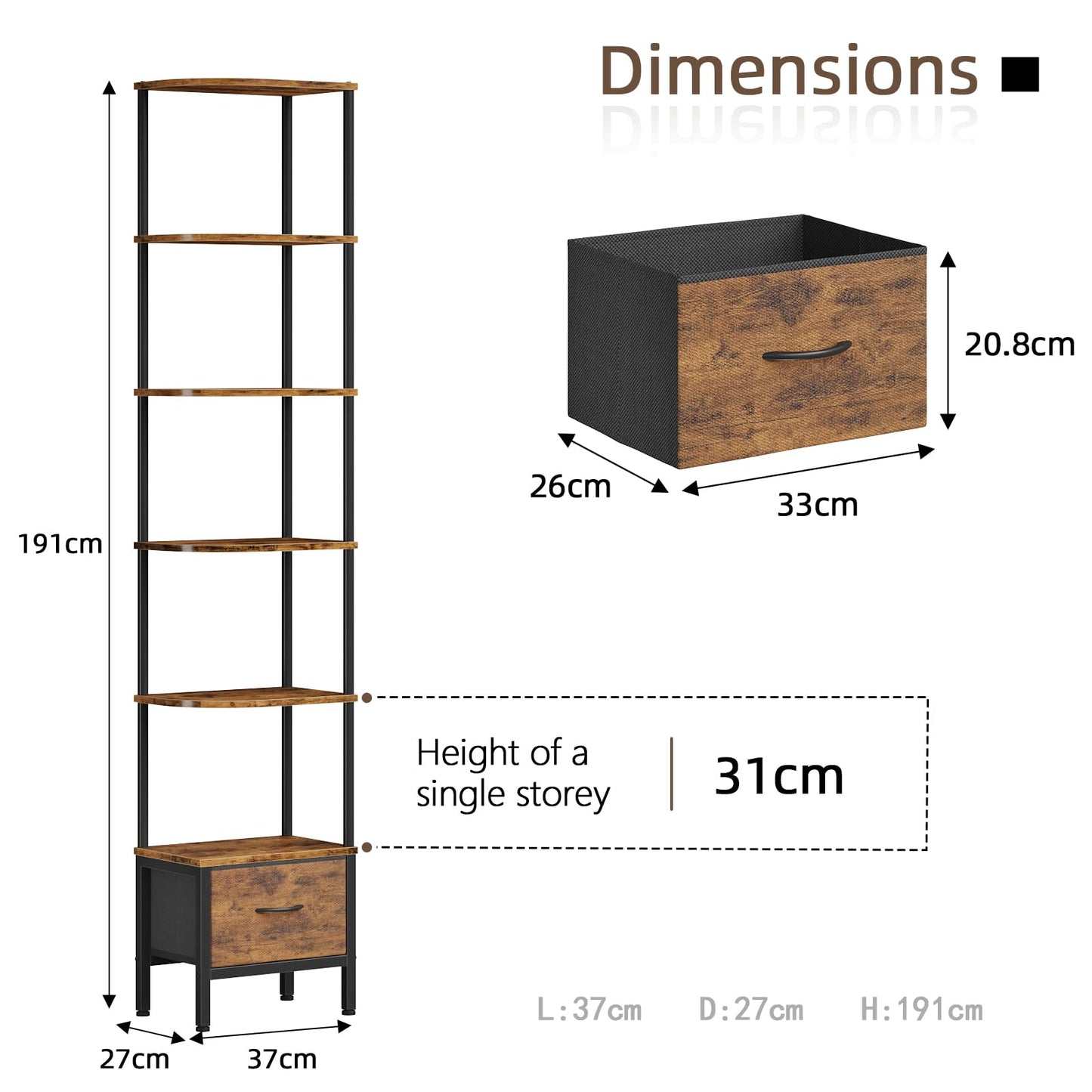 OYRREU 6-Tier Corner Shelf with LED Light & Fabric Drawer, Retro Brown