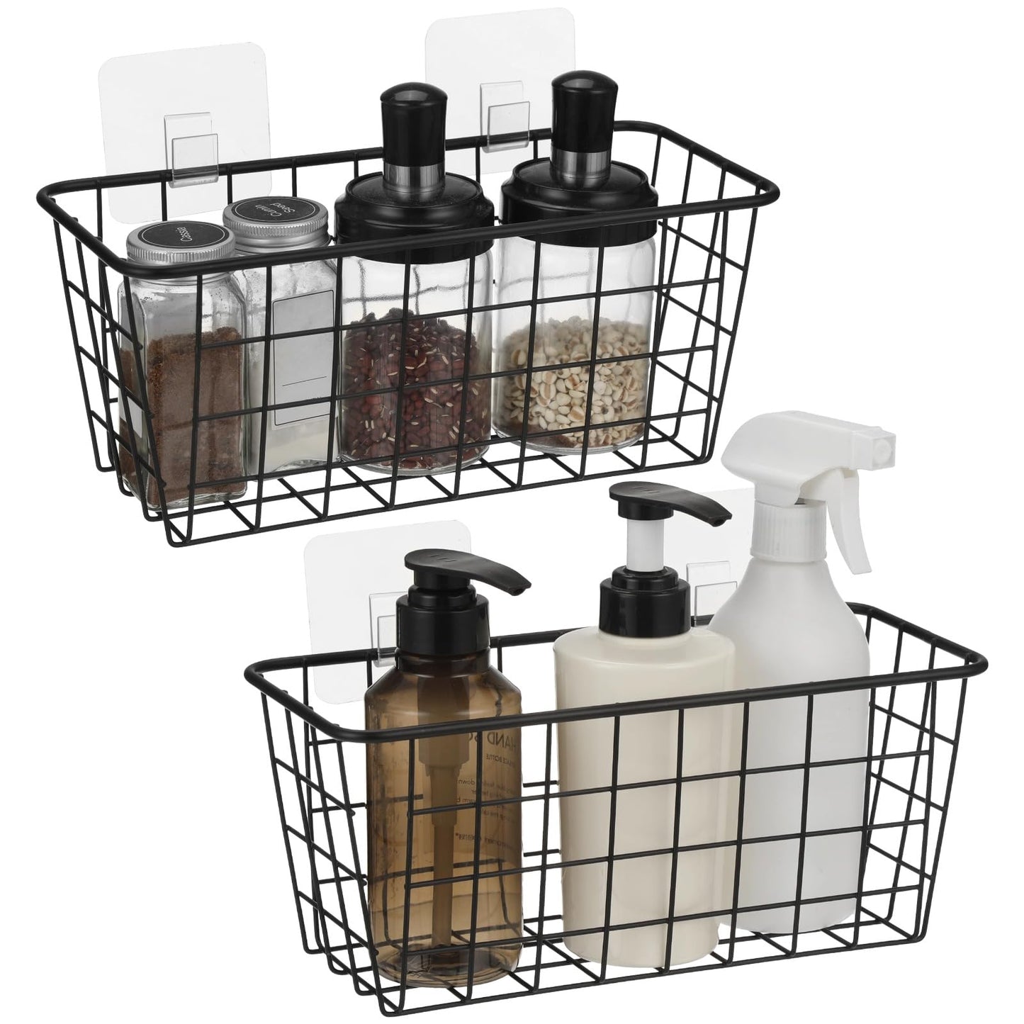 yeesport 2 Pack Black Wire Storage Baskets, Wall Mounted Carbon Steel Storage Bins with Traceless Adhesive, Small Pantry Baskets for Kitchen