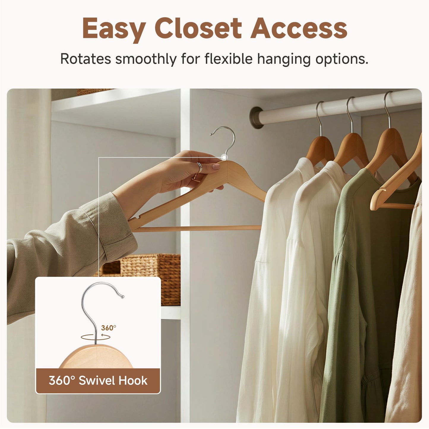 StorageWorks Wooden Hangers 30 Pack, Premium Natural Wood Hangers for Clothes, Coat Hangers Adult with 360 Degree Rotatory Hook