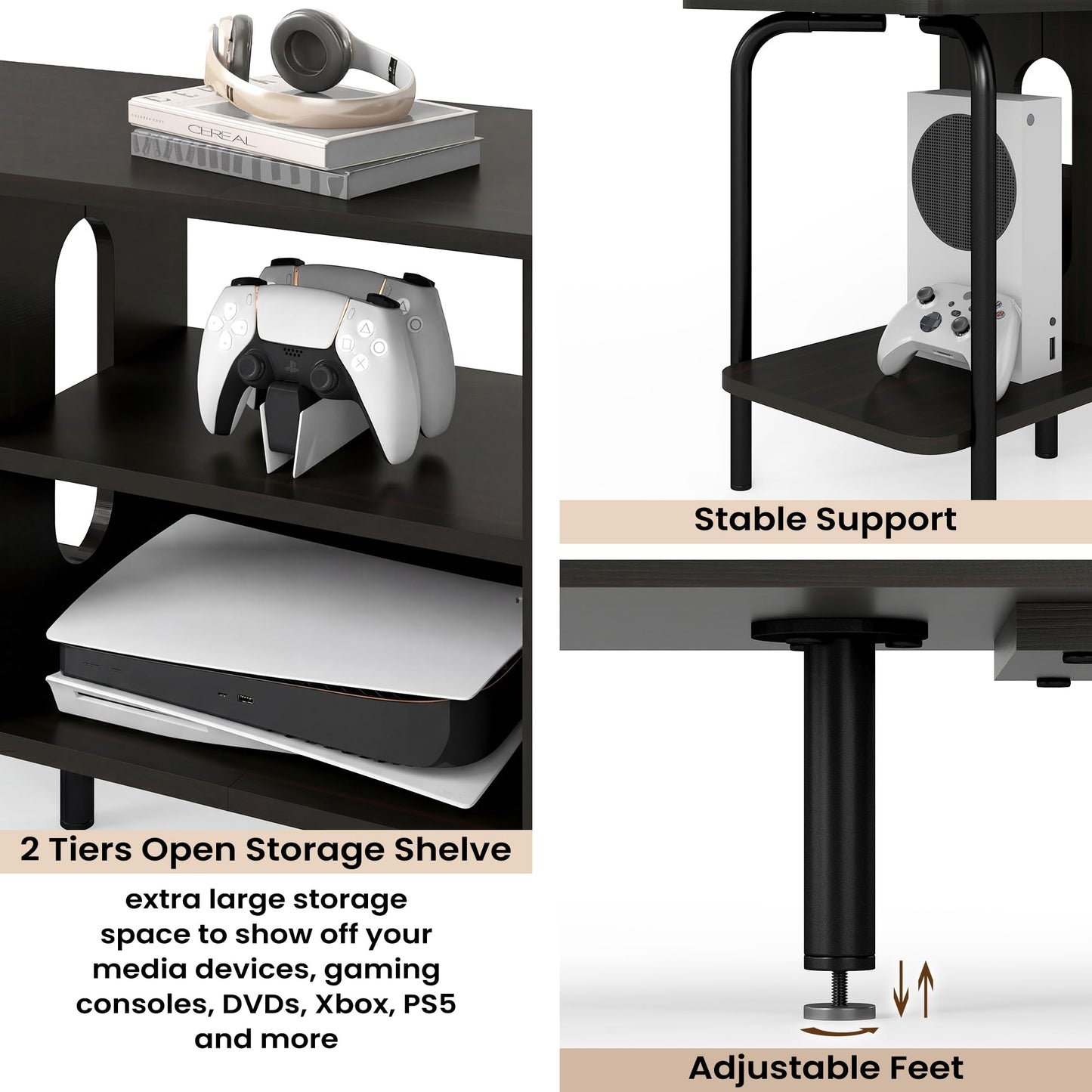 Manora Black TV Stand 120cm Arch Detail Open Shelves Fits 55 Inch TV Unit