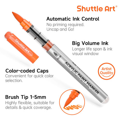 Shuttle Art Automatic Ink Control Acrylic Paint Pens, 48 Colours Brush Tip Paint Marker Pens, Paint Pen for Rock Painting Ceramic, Wood, Fabric,