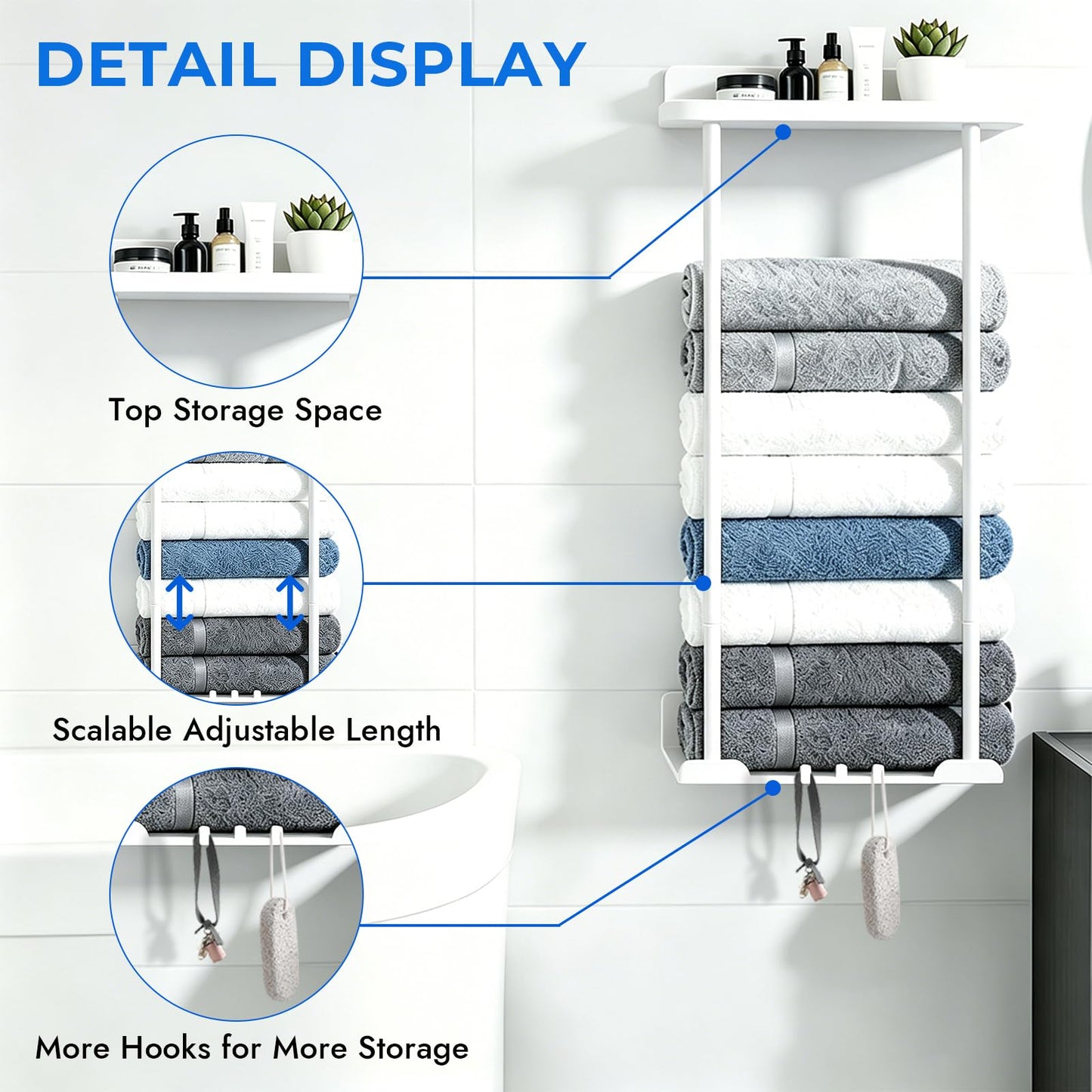 ULIKEUS Towel Rack Wall Mounted Towel Holder Storage with Shelf Hooks Towel Storage Self Adhesive Adjustable Bathroom Towel Holder Rail