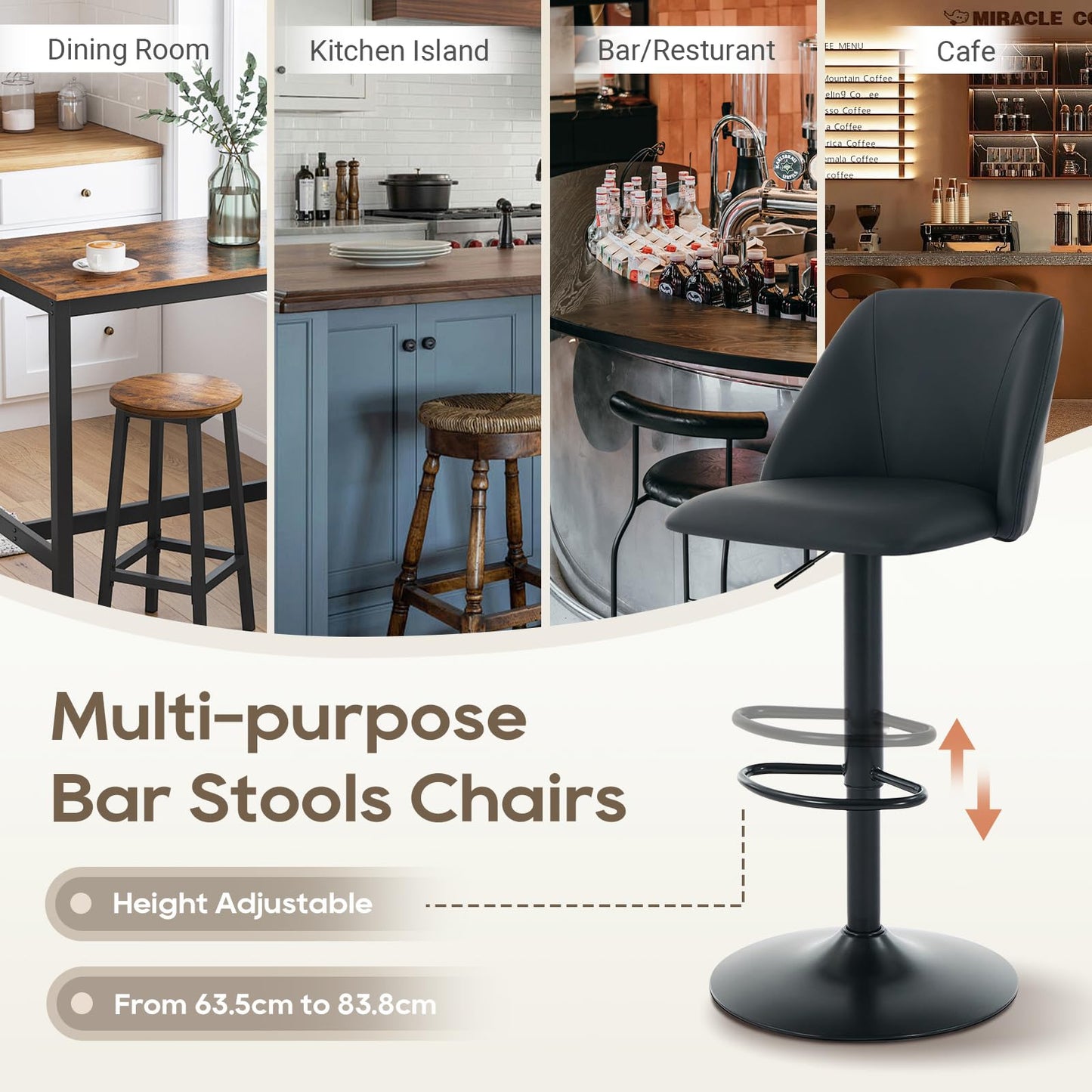 COLAMY Breakfast Bar Stools Set of 2, Modern Swivel Kitchen Stool, Adjustable Upholstered Barstools Counter Height with Square Open Back for Bar