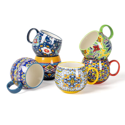HENXFEN LEAD Cappuccino Cups Set, 600ml Porcelain Coffee Cups with Handle, 6 Pack of Porcelain Cups for Tea Coffee Milk Cappuccino with Pattern and