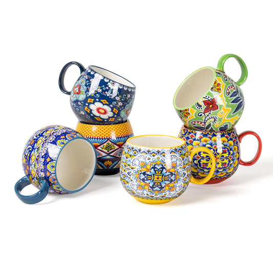 HENXFEN LEAD Cappuccino Cups Set, 600ml Porcelain Coffee Cups with Handle, 6 Pack of Porcelain Cups for Tea Coffee Milk Cappuccino with Pattern and