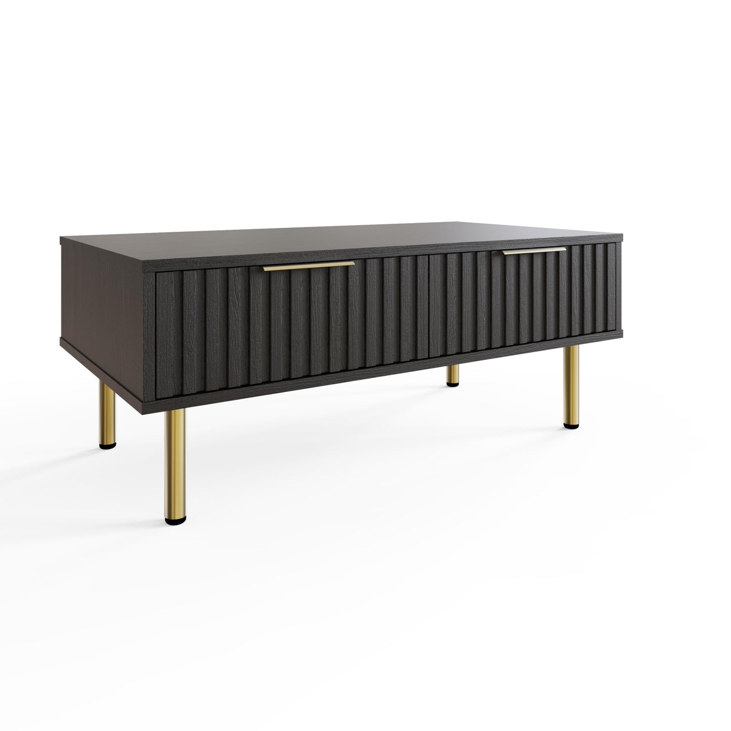 GFW Nervata Coffee Table, Black Coffee Table with 2 Drawers, Art Deco Style Living Room Table with Gold Accents and Wood Grain Texture