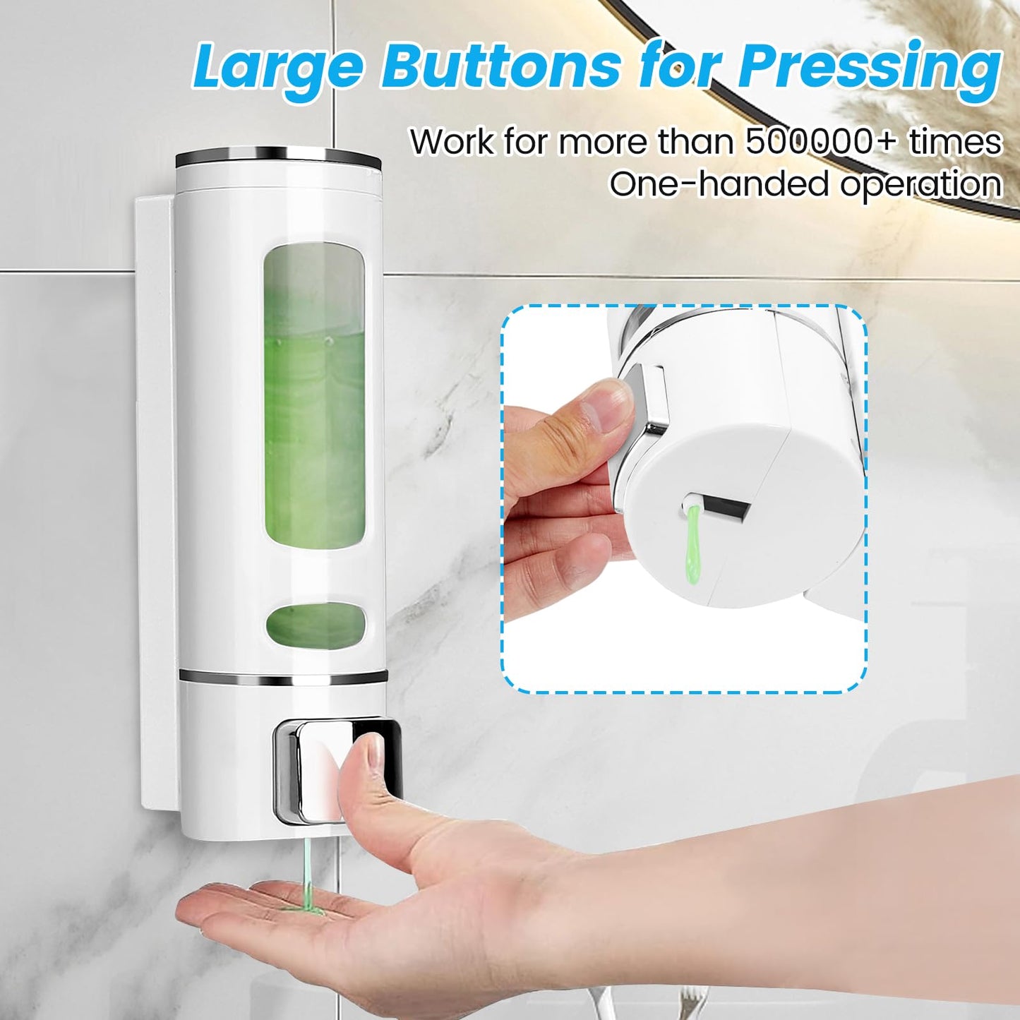 White Soap Dispenser Wall-Mounted, No-Drill Installation for Liquid Lotion, Shower Gel, Shampoo, Conditioner & Dish Detergent