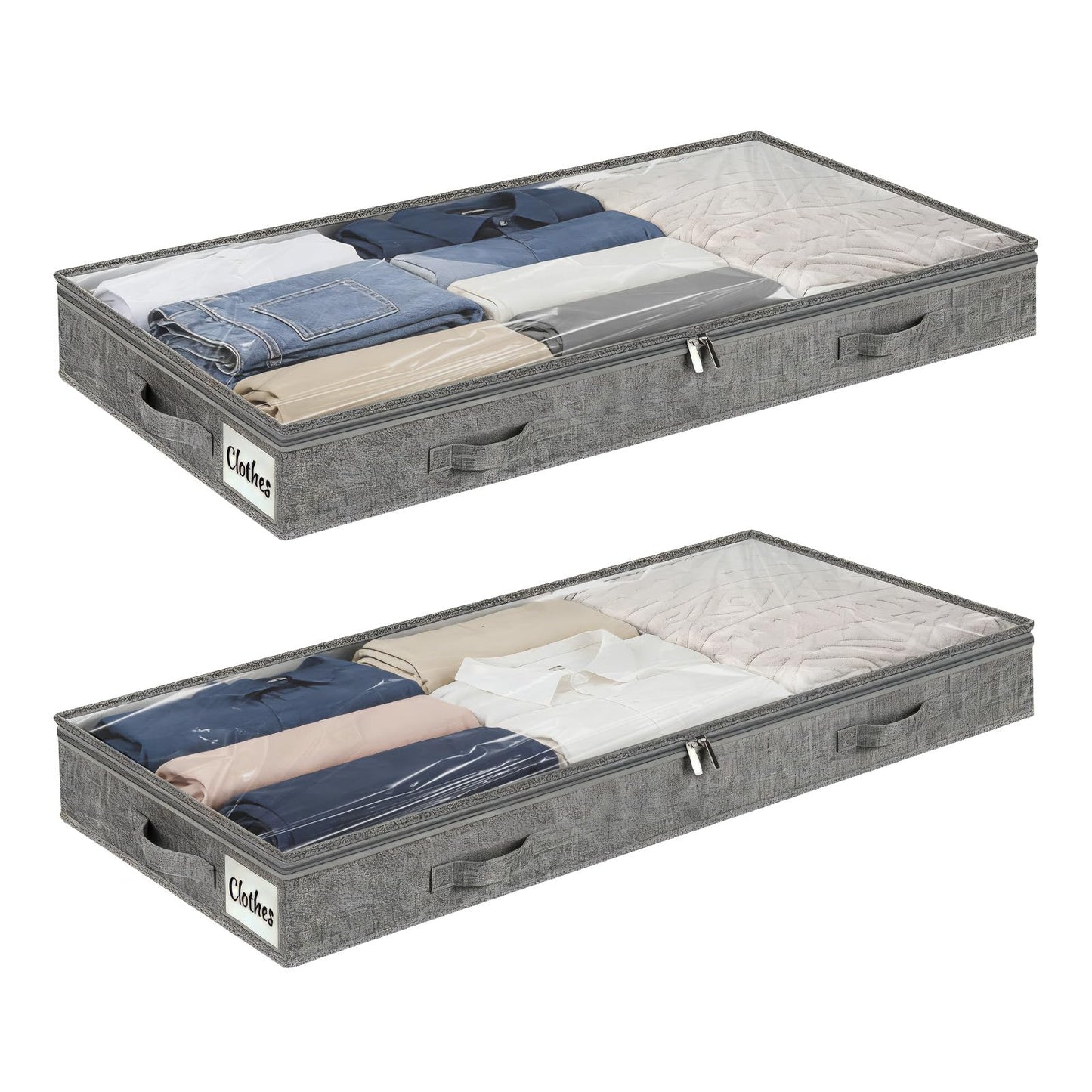 Pomodee Grey Under Bed Storage Box with Zip – 2 Pack with Lid,Clear Window