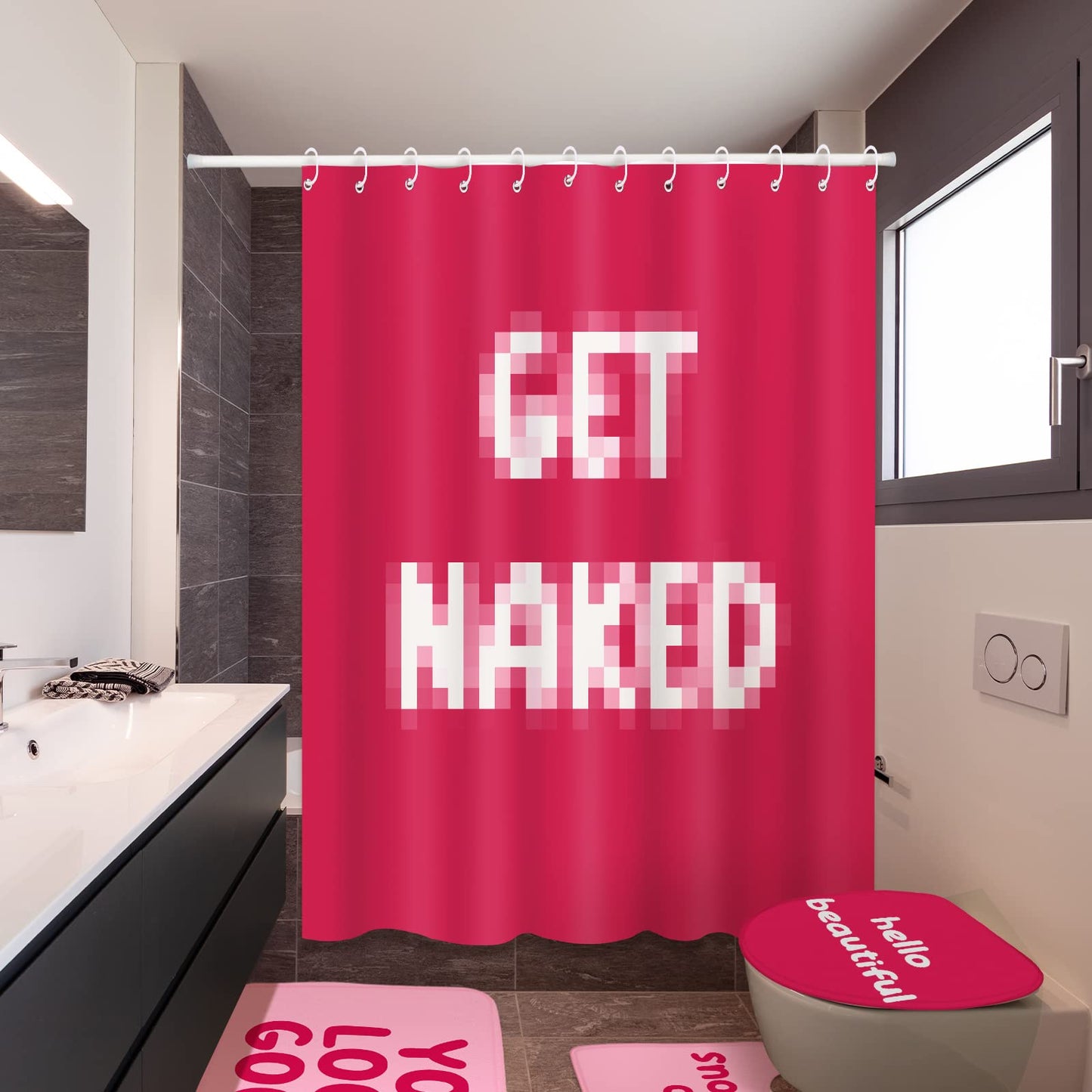 4 Pcs Shower Curtain Sets with Rugs Pink Preppy Bathroom Sets with Shower Curtain and Rugs Non Slip Bath Mat U Shaped Contour Toilet Lid Cover