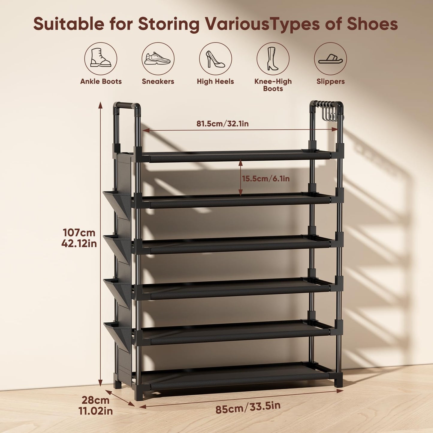 Mavivegue 6 Tier Metal Shoe Rack with 5 Hooks & 4 Side pockets