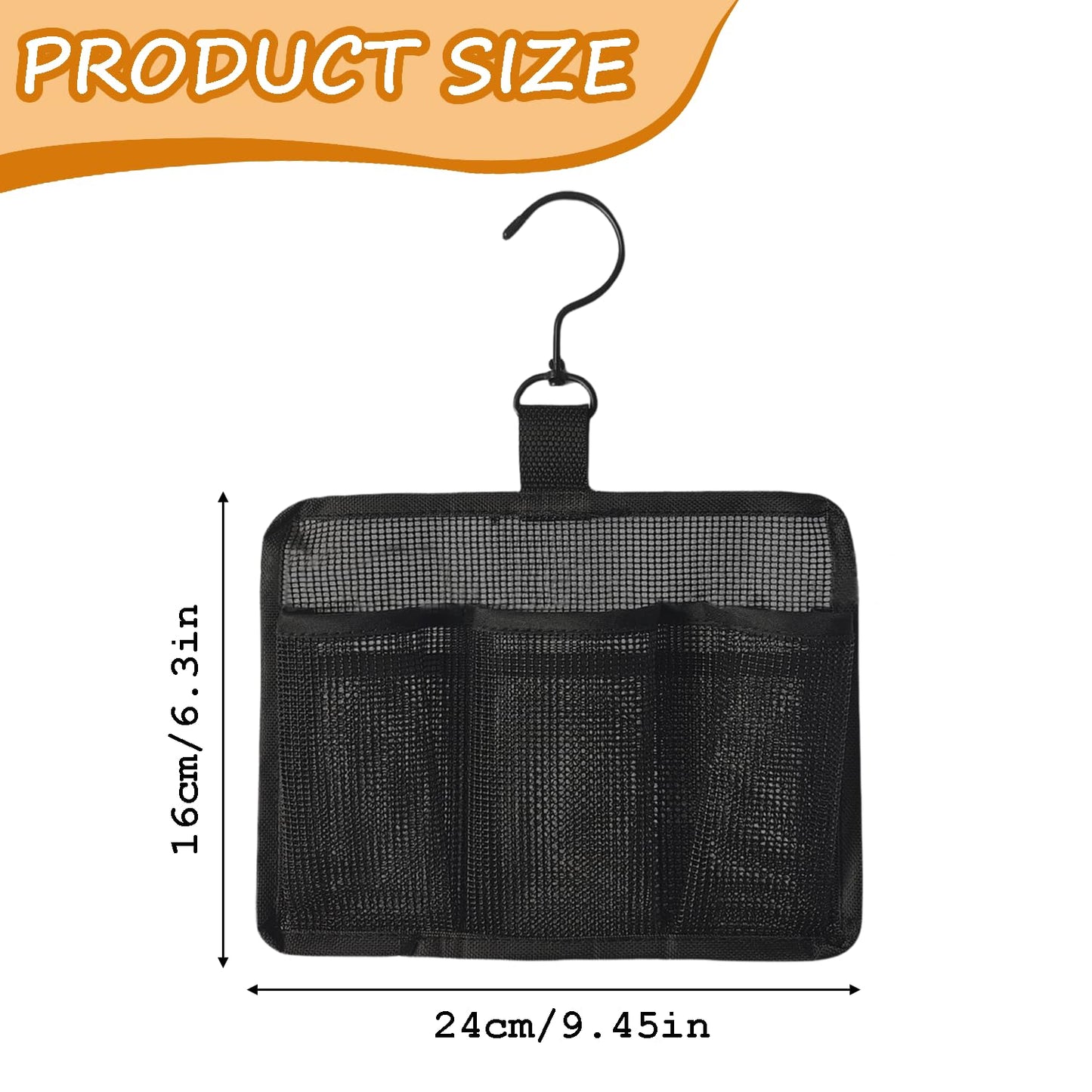 Cunegra Hanging Mesh Shower Bag with Hook, Large Capacity Mesh Shower Caddy with 3 Compartments, Portable Organizer for Dorm, Gym, Travel (Black)