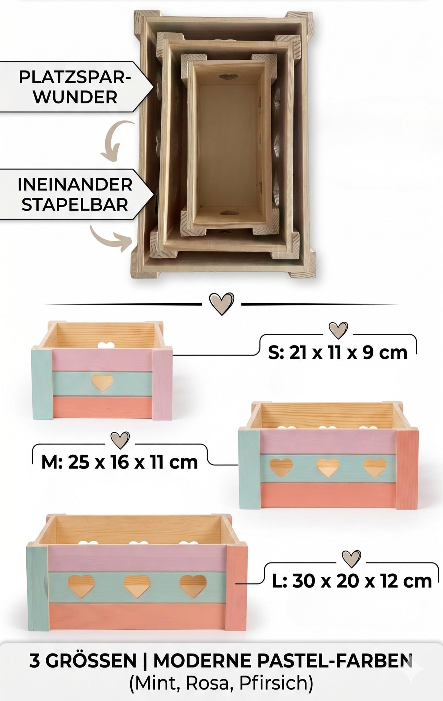 Set of 3 Wooden Crates with Heart Design – Living Room Storage & Gift Boxes – Stackable Decorative Pine Wood Boxes