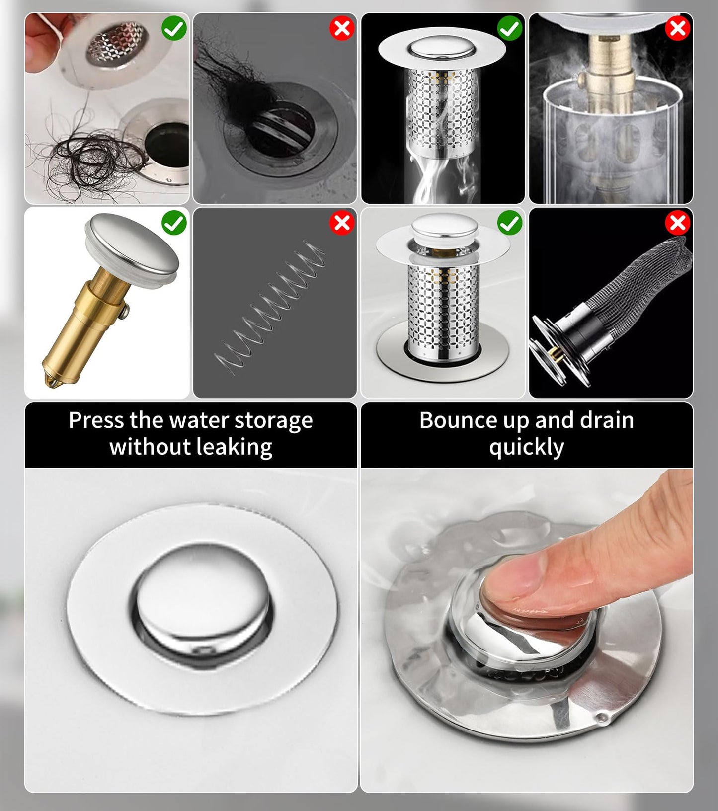 Pack of 2 Stainless Steel Pop Up Drain Strainer, Sink Plug, Sink Plug, Drain Strainer