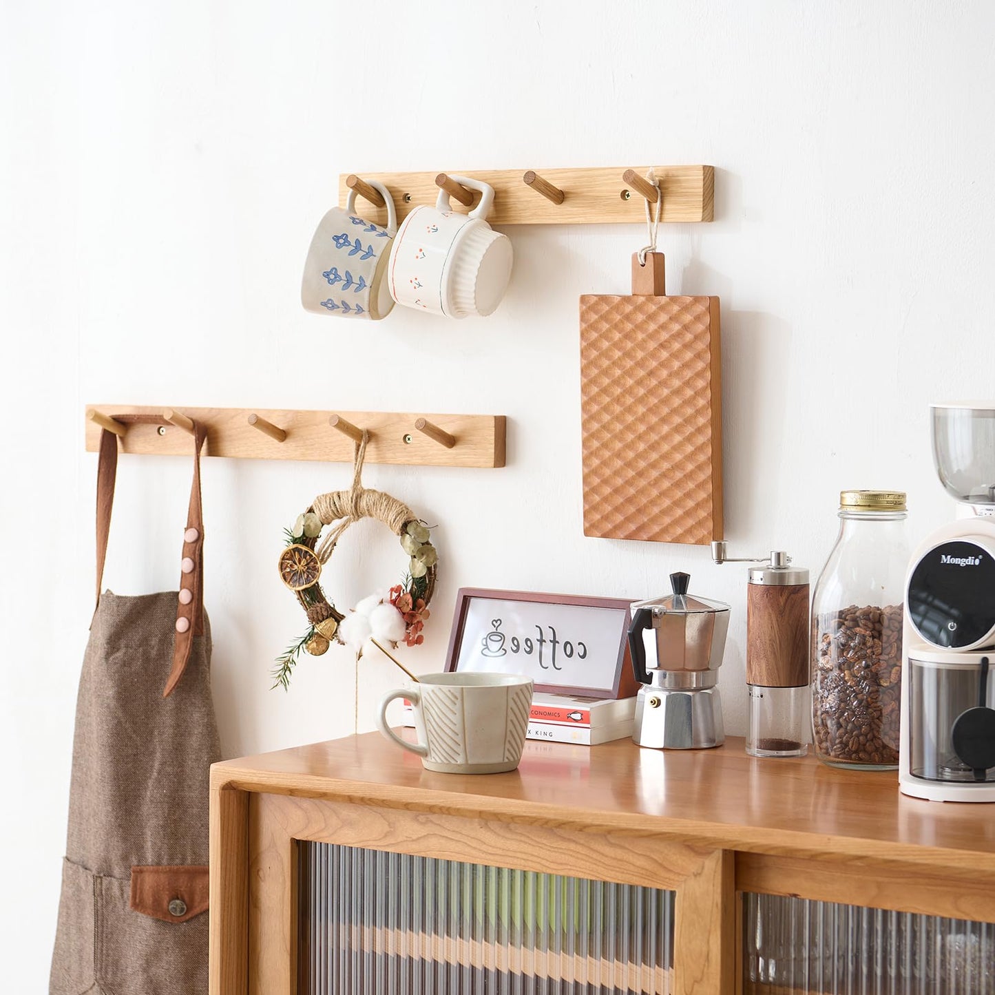 TREOAKWIS Coat Hooks Wall Mounted, 50cm Wooden Coat Rack with 5 Hooks