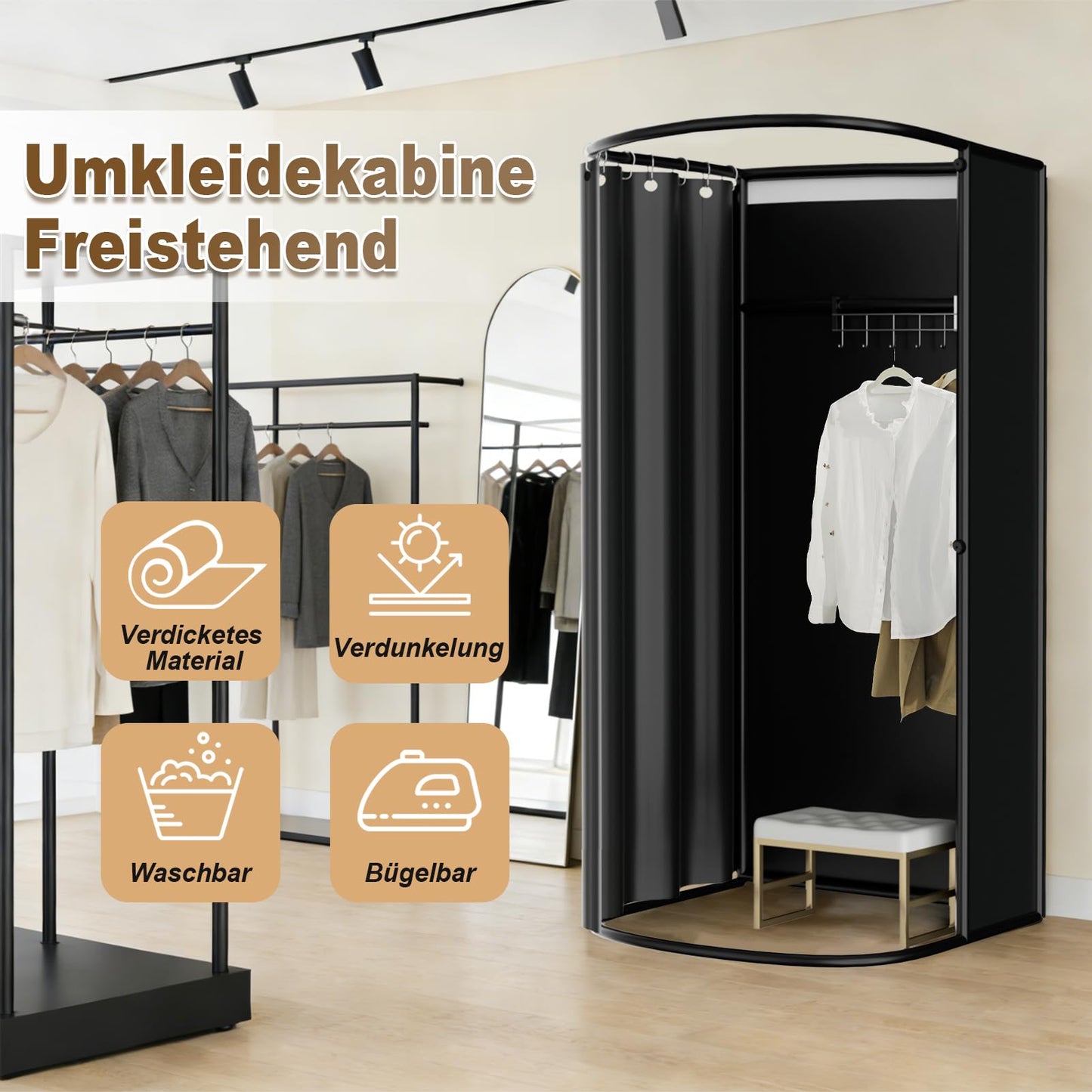 LXSEHN Clothing Store Changing Room, U-Shape Mobile Fitting Room, Black