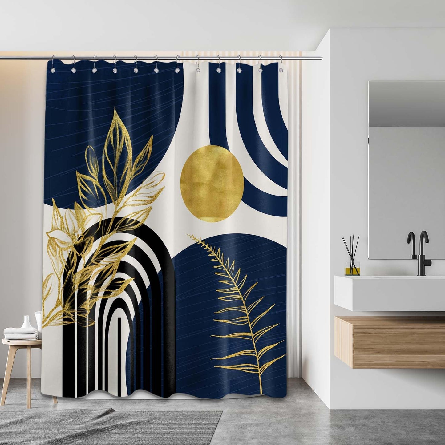 LanZanthic Blue and Gold Shower Curtains for Bathroom Dark Navy Blue Abstract Mid Century Modern Wet Room Shower Curtain with hooks