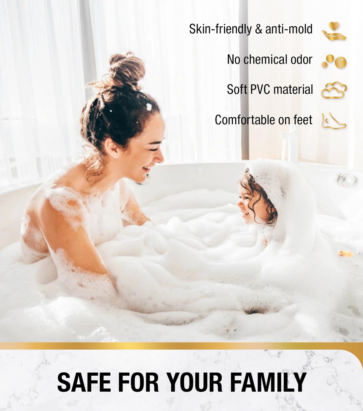 HITSLAM Non Slip Bath Mat for Tub, 101 x 40cm Extra Long Shower Mat Anti Mould, Machine Washable Bathroom Bathtub Mat with Suction Cups and Drain