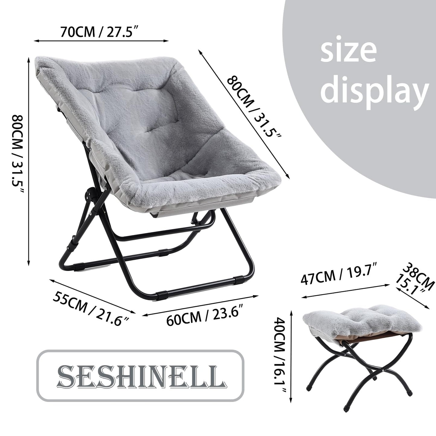 SESHINELL Comfy Saucer Chair with Ottoman, Oversized Foldable Faux Fur Lounge Accent Readin Chair Set with Metal Frame Moon for Bedroom, Living Room