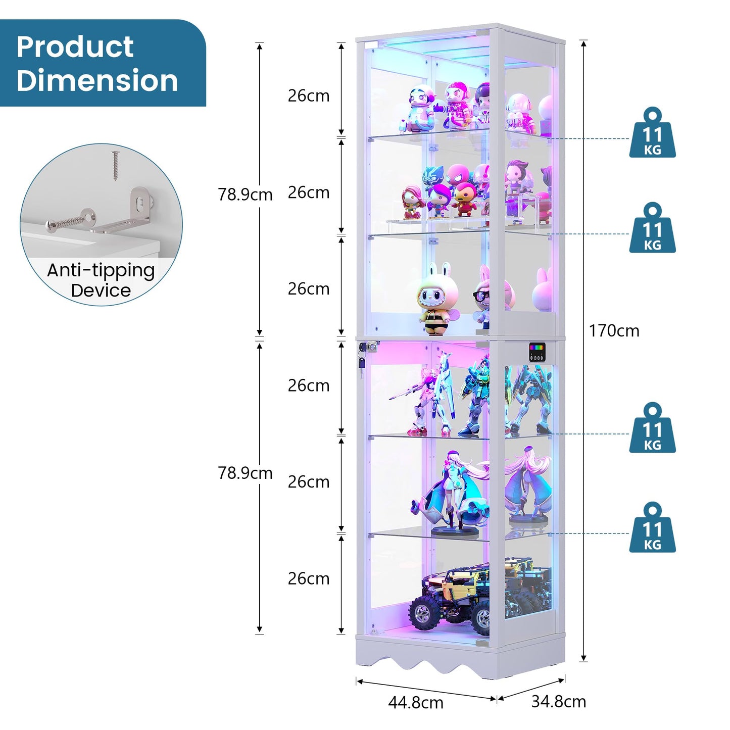 FREDEES Glass Display Cabinet with RGB Lights, 6 Tiers, White