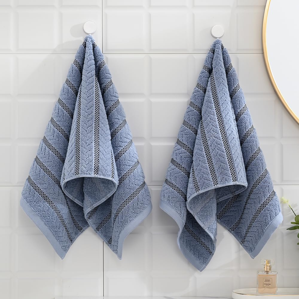 sense gnosis Blue Hand Towels Super Soft Jacquard Ribbed Striped Pattern 100% Cotton Absorbent Decorative Hand Towel for Bathroom 13 x 29 Inch, 2 Pack