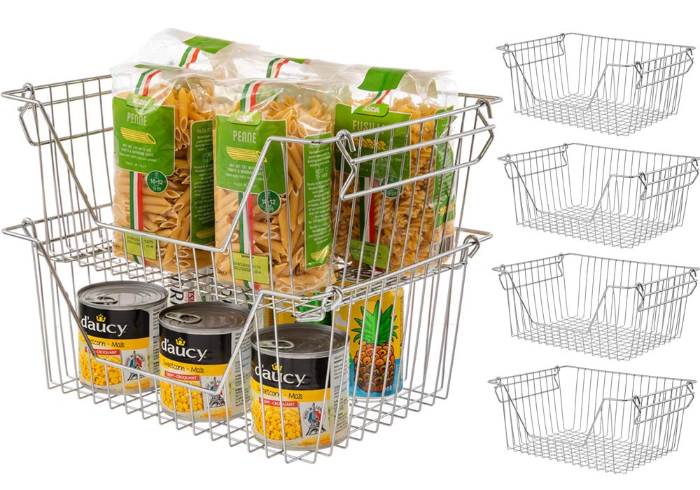 Stackable Wire Storage Organizer Baskets Cabinet Organizing Sturdy Metal Wire Pantry Freezer Bins for Home Bathroom Fridge Kitchen Shelves