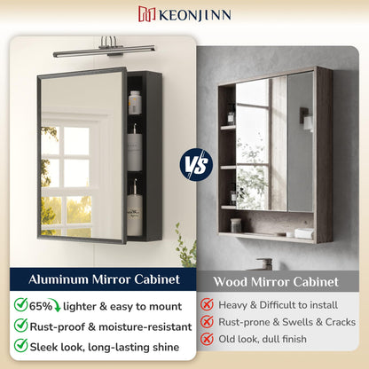Keonjinn Bathroom Mirror Cabinets 75x65cm, Assembly Required, Black Aluminum Frame Mirrored Bathroom Cabinet Wall Mounted with Storage