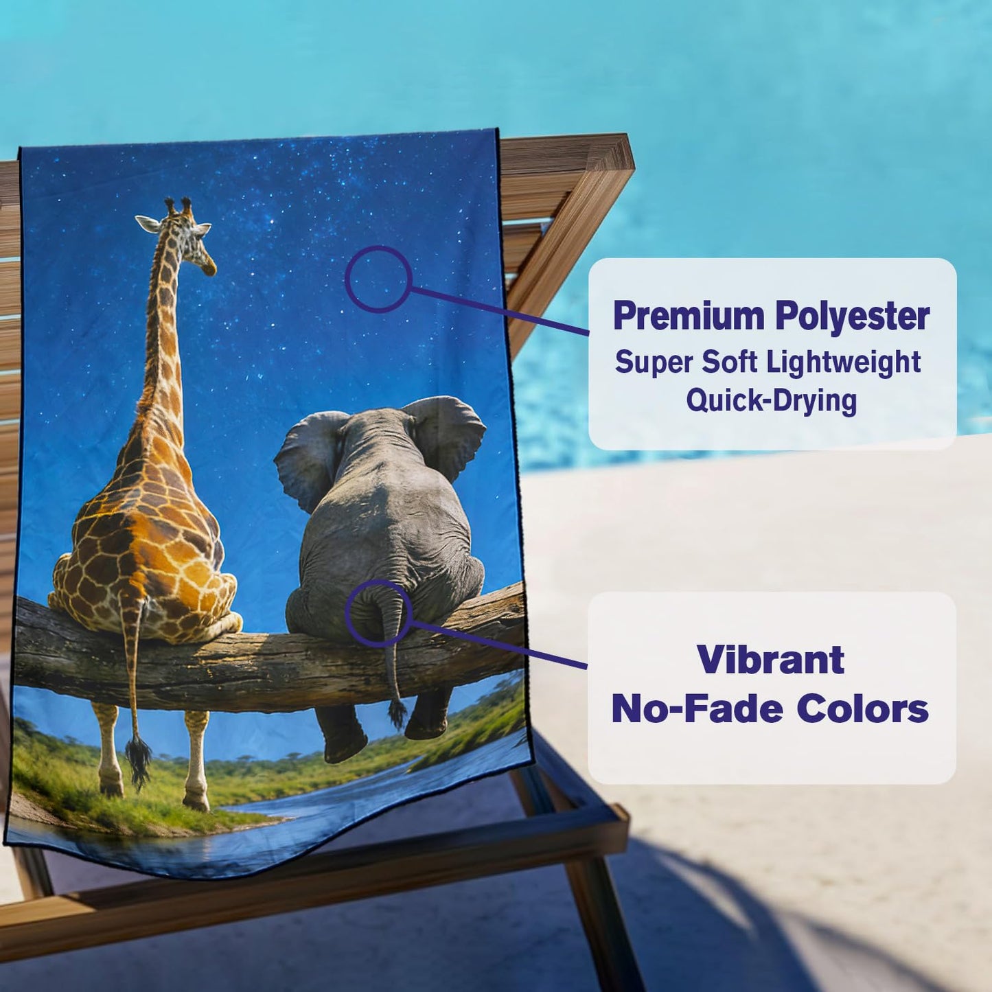 Violetpos Starry Giraffe & Elephant Beach Towel, Extra Large 180x90 cm 250GSM Microfibre, Sand Free Quick Dry