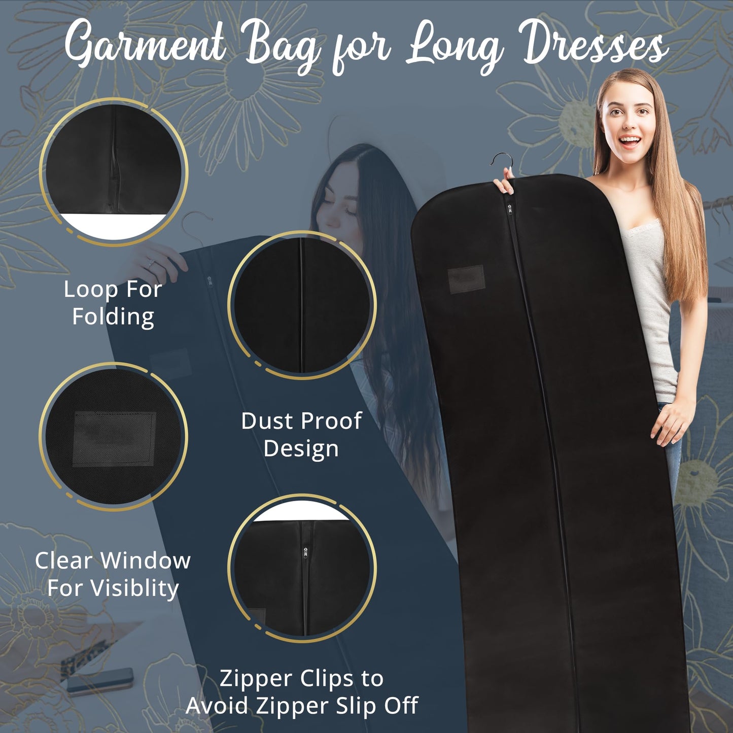 Wedcova Dress Bag | Hanging Garment Bags | Full Length Travel Covers | Wedding Long Clothes Storage Cover with Zipper for Women | 72 Inch (182cm)