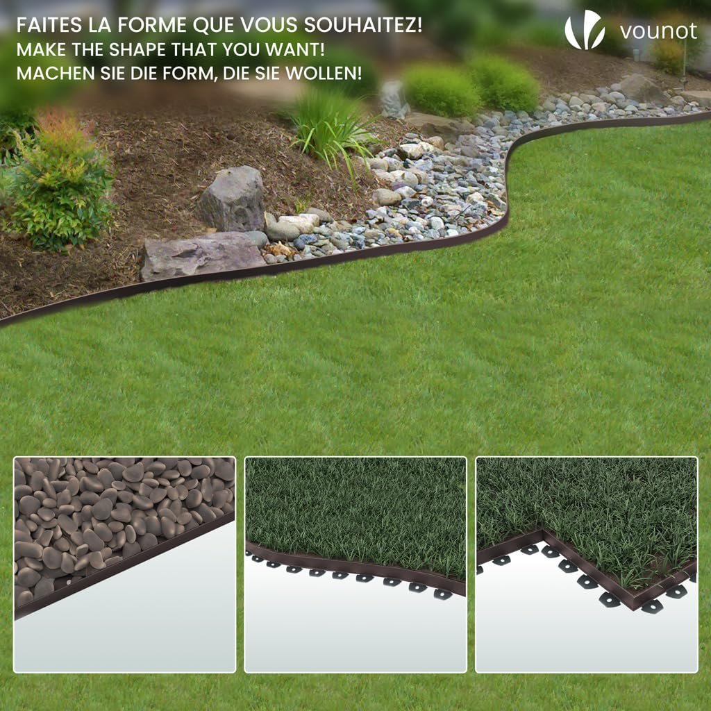 VOUNOT 40m Flexible Lawn Garden Edging Border, Plastic Grass Path Edging with 80 Reinforced Securing Pegs, Height 5cm, Brown