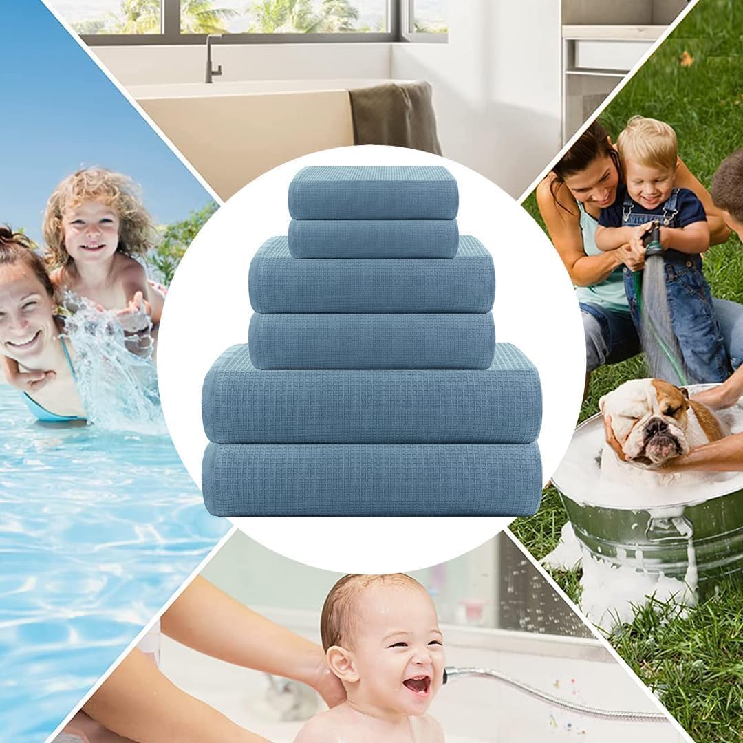 CASA COPENHAGEN Waffle Terry 6-piece set, cotton, extra large, luxurious, antique blue, 2 bath towels XL, 70x140 cm, 2 large hand towels, 50x80 cm