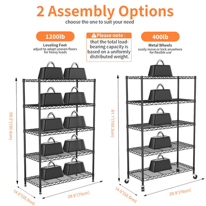 VANZBON 6-Tier Wire Shelving, Wire Shelving Unit Black, 5-tier
