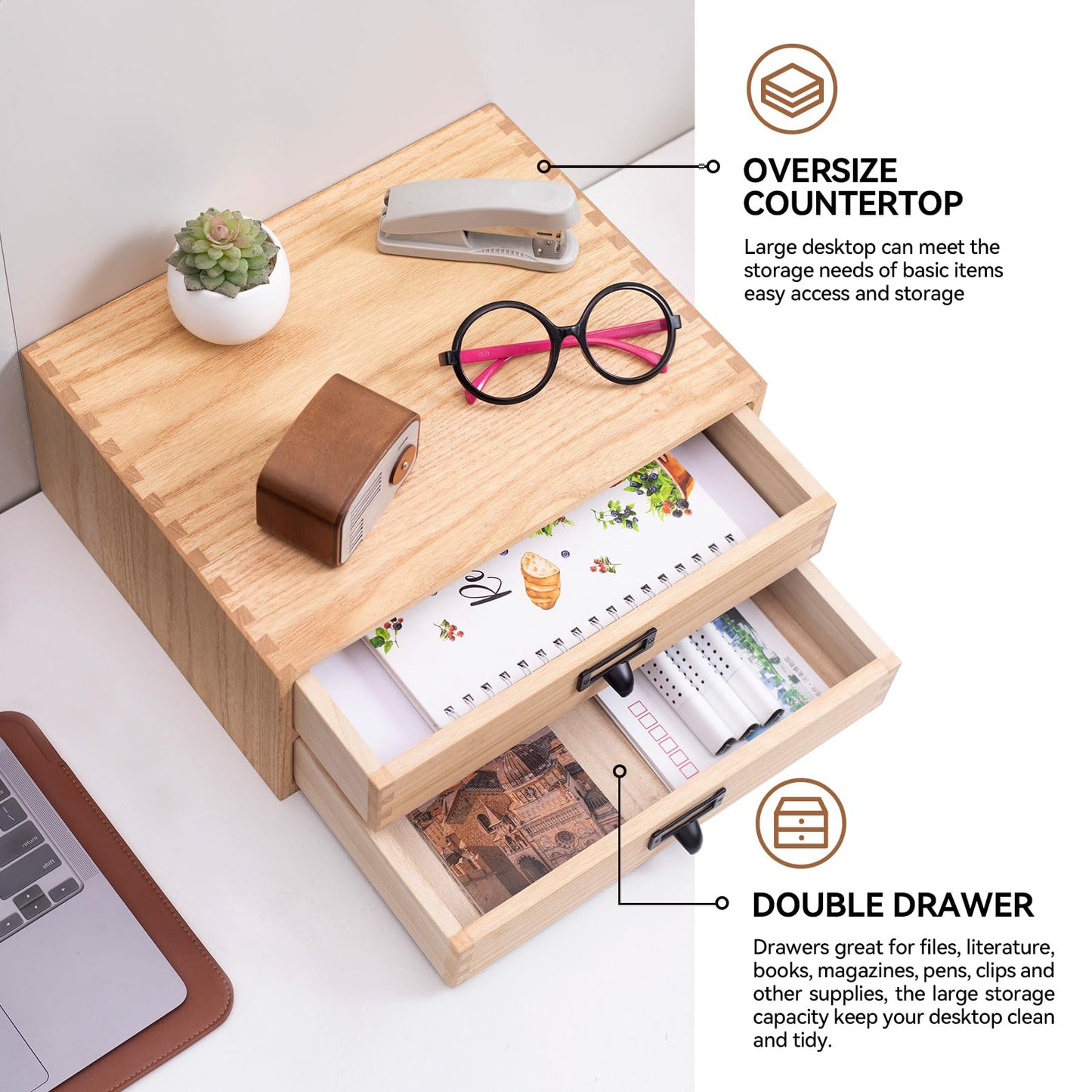 KIRIGEN Wooden Desktop Drawer Organiser, 2 Drawers, A4 Storage, Natural
