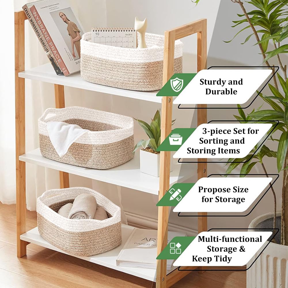Jonuin Cotton Rope Storage Baskets, 3 Pack 32x22x14cm Storage Baskets for Shelves, Small Woven Storage Baskets for Organizing Towels