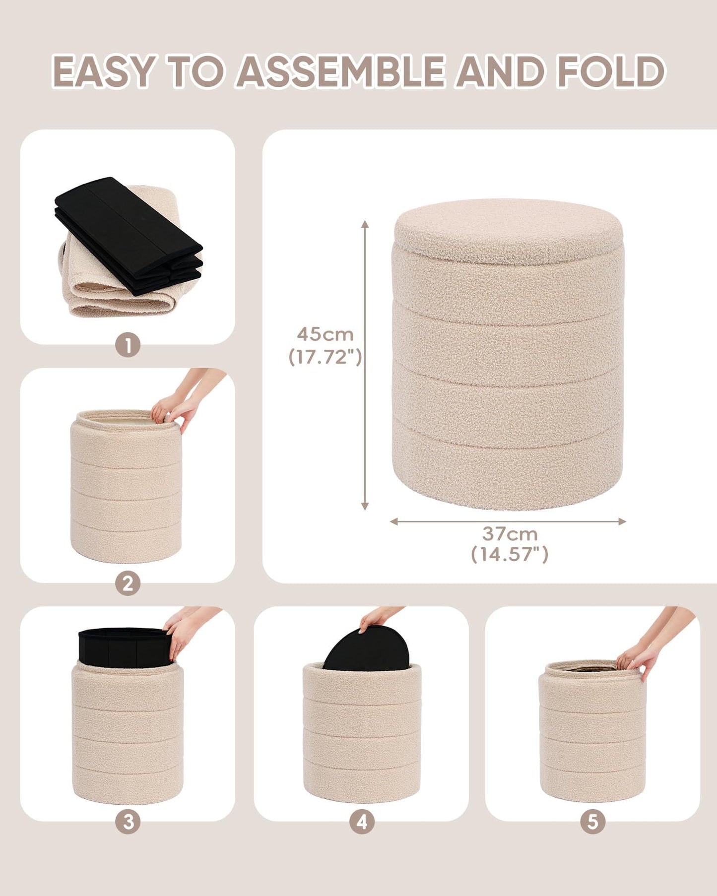 PINPLUS Round Ottoman Storage, Convertible Table, Beige, 37x37x45 cm