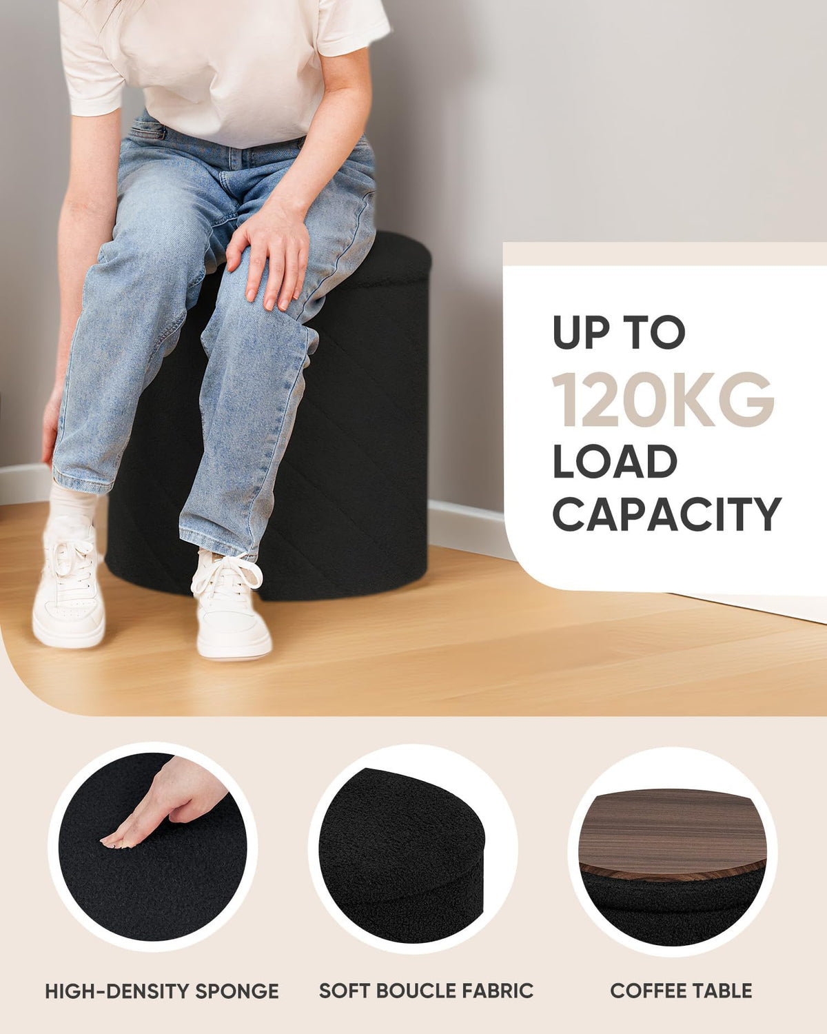 Bonlife Round Ottoman Stool with Storage, Folding Footstool with Lid,Boucle Vanity Stool for Living Room,Bedroom,Entryway,Black,43x43x45cm