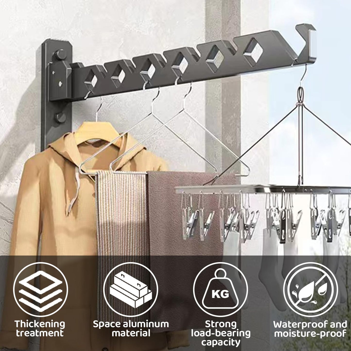 Lxoraziy 2 Pieces Foldable Wall Mounted Clothes Hanger, Aluminum Wall Mounted Drying Rack with 40cm Hanging Rod, Small Wall Clothes Airer