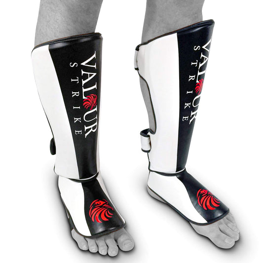 Valour Strike Shin Guards for Kickboxing Muay Thai MMA Karate Martial Arts Taekwondo or Kick Boxing | Sparring Pads to Guard Leg Foot & Instep |