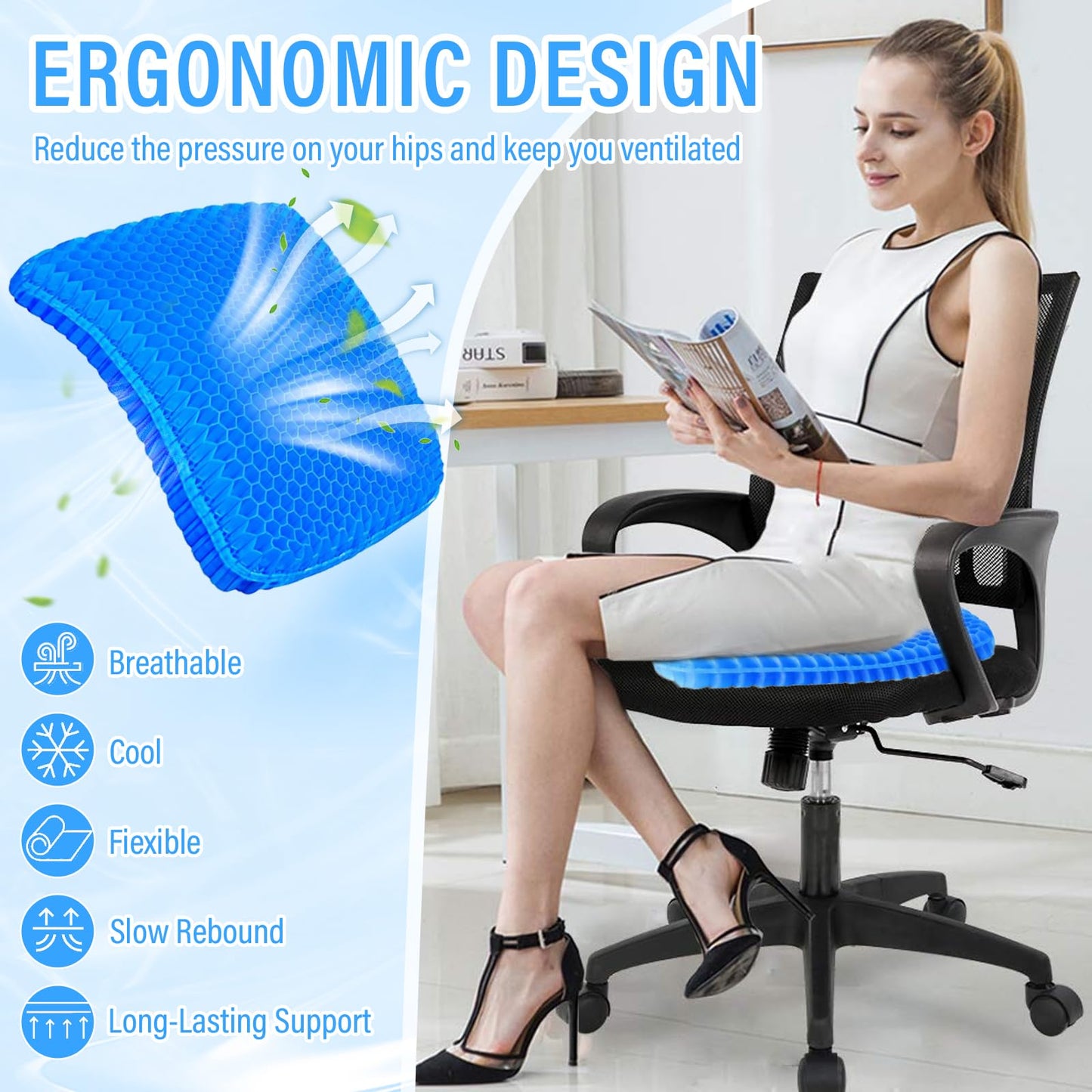 Audasi Gel Seat Cushion, Honeycomb Thick Gel Seat Pad for Bottoms Soft Sitter Cushion Relieving Back Coccyx Pressure Seat Cushions for Car Office