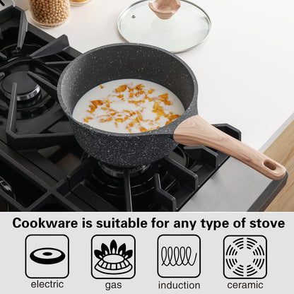 Kordisen Sauce Pan Set with Lid, 16cm+20cm Non Stick Small Pot with Granite Coating, 2-Piece Cookware Set, PFOA/PFOS Free