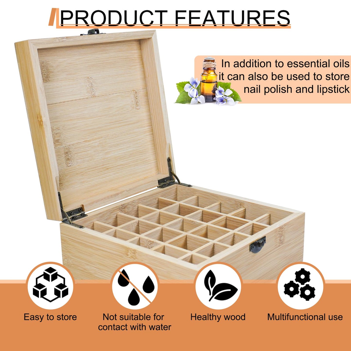 RoseFlower Bamboo Essential Oil Storage Box Home Fragrance Carrier Case, Holds 25 Bottles for 5, 10, 15ml