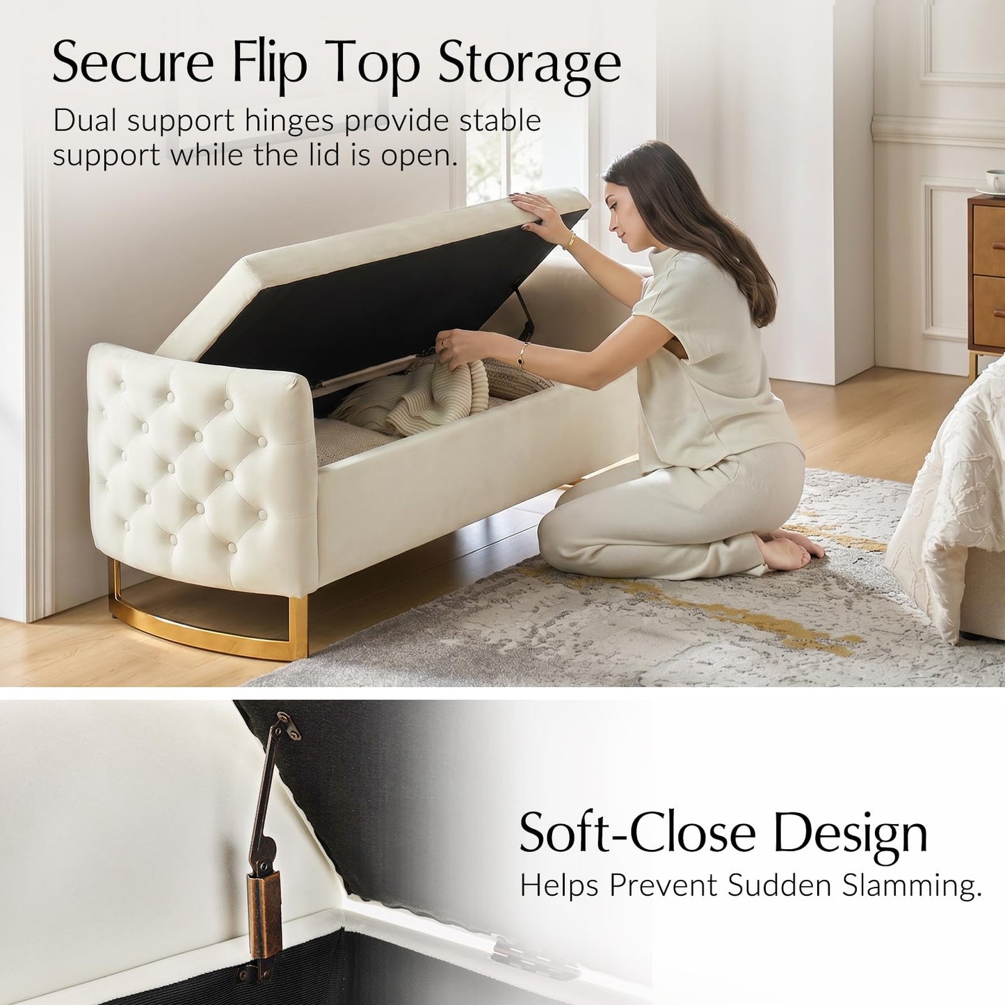 HULALA HOME Large Storage Bench with Metal Base for End of Bed, Ivory