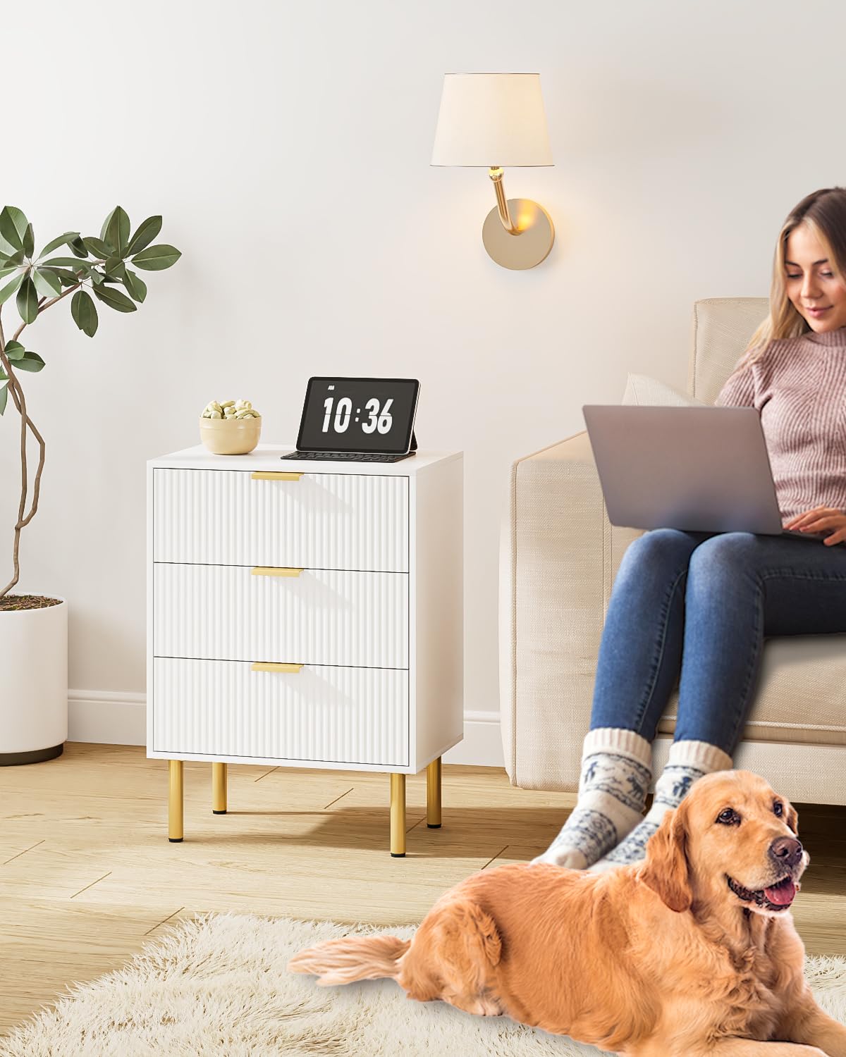 Apetaccat Bedside Table with 3 Drawers, Modern Bedside Cabniet with Metal Legs, Fluted Nightstand, Side Table for Bedroom, Living Room, Office